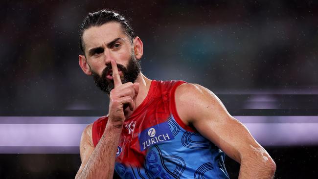 ADELAIDE, AUSTRALIA - MAY 19: Brodie Grundy of the Demons celebrates a goal during the 2023 AFL Round 10 match between Yartapuulti/Port Adelaide Power and Narrm/Melbourne Demons at Adelaide Oval on May 19, 2023 in Adelaide, Australia. (Photo by James Elsby/AFL Photos via Getty Images)