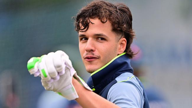 Australia's Sam Konstas – sans lid – at batting practice at the Galle International Cricket Stadium (Photo by Ishara S. KODIKARA / AFP)