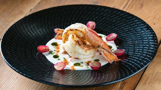 Prawns with white gazpacho, jamon &amp; muscat. Picture: Russell Millard