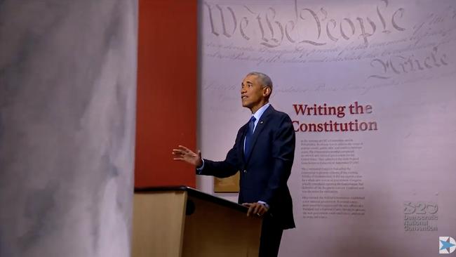 Former US President Barack Obama speaking from Philadelphia, Pennsylvania, during the third day of the Democratic National Convention. Picture: AFP