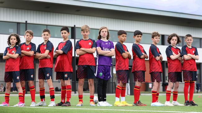 South Australia has a boys and girls team competing in next Monday's School Sport Australia U12 national soccer championships. (LtoR) Marcel El Hamra, Ryder Dalton, Ollie Budin, Anthony Schiava, Kalan Alagich, Campbell Matter, Riad Rawhide, Adriano Talladira, Ziad De Blasio, Joshua Tassotti, and Liam Oliviero. 13 October, 2022. Picture Dean Martin