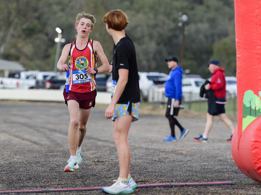 First to finish the first 4km lap is Riley Morris, handing over to Nazarlo Larkin in the 40 for Fortey relay at Toowoomba Showgrounds, Sunday, June 8, 2025. Picture: Kevin Farmer