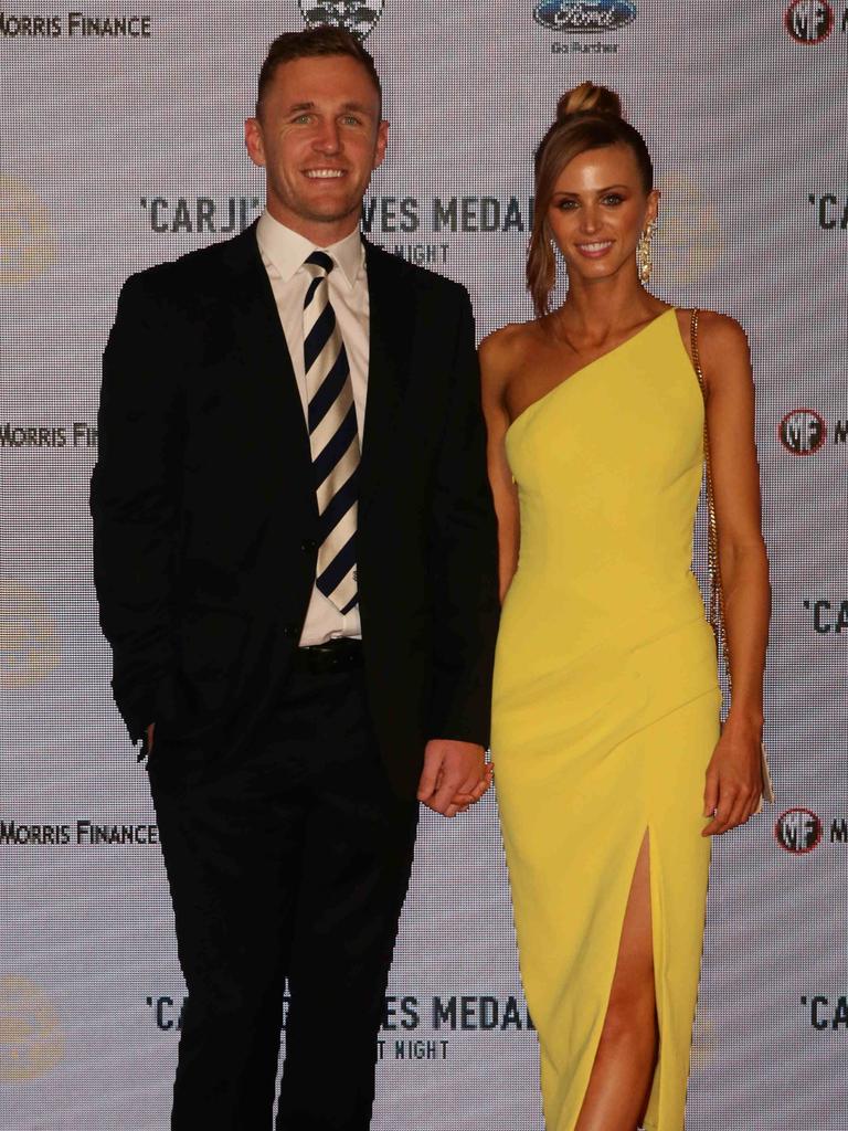 Joel Selwood and Brit Davis. Carji Greeves red carpet arrivals. Picture: Peter Ristevski