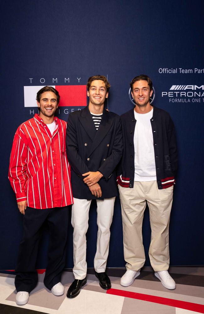 Matt and Jack, far right, with F1 driver George Russell (centre) at a Tommy Hilfiger event in 2024. Picture: News Corp Australia