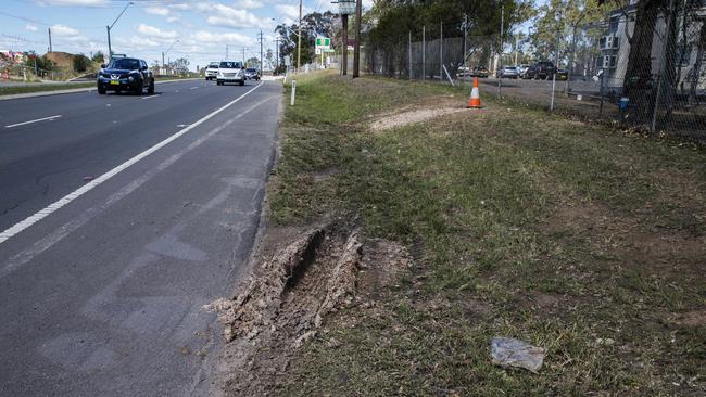 Tyre marks at the crash scene on Northern Road today. Picture: Jenny Evans