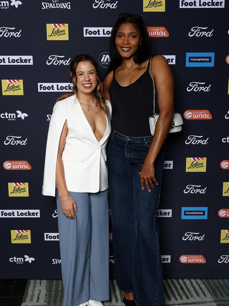 The Flames’ Sherrie Calleia and Yemiyah Morris. Photo by Graham Denholm/Getty Images for WNBL