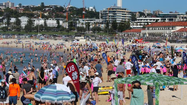 Bondi Beach filled with swimmers on Sunday attempting to cool down. Picture: NCA NewsWire / Gaye Gerard