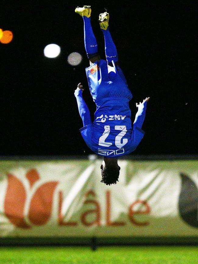 Kamsoba flips through the air after scoring Avondale FC’s third goal. Picture: Getty Images.