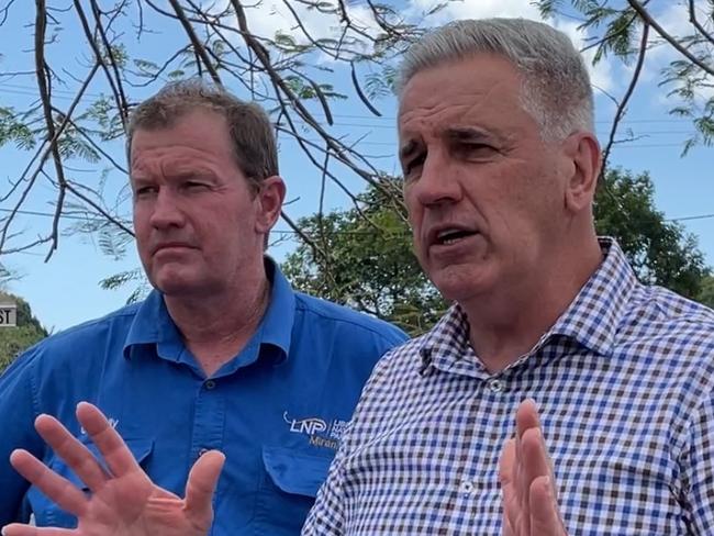 Glen Kelly, LNP candidate for Mirani, (r) and Dale Last (l) LNP Burdekin MP standing on the Peak Downs Highway in Walkerston promising $20m for the highway, and $100m for country roads in Queensland on October 11, 2024. Picture: Paul Brescia