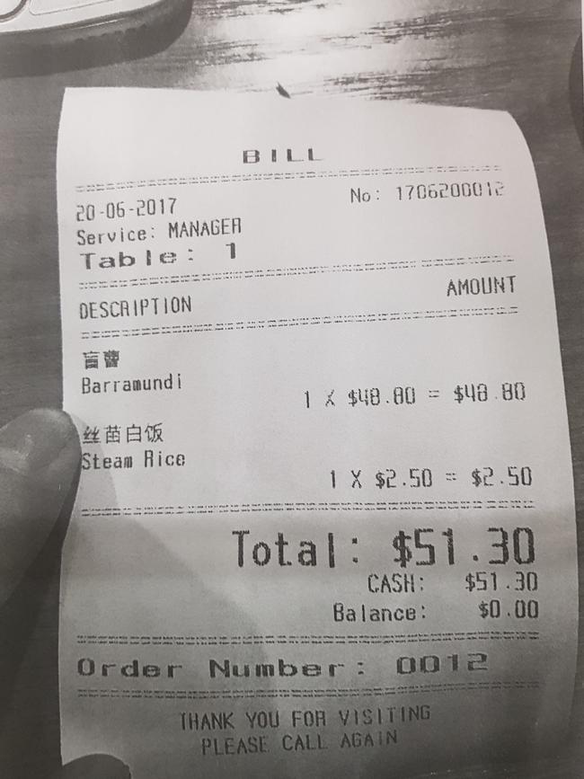 The incident was over a $51.30 meal, with the receipt tendered to court. Picture: SA Police