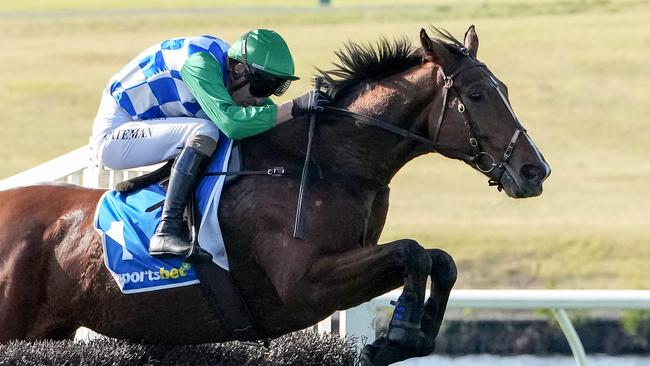 Stern Idol puts in an almighty leap on the way to victory in the Australian Steeplechase at Sandown Lakeside on Sunday. Picture: Getty Images