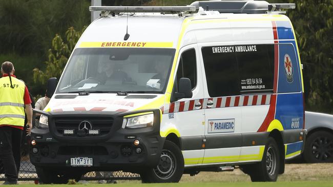 MELBOURNE, AUSTRALIA - MARCH 26: An ambulance arrives to take James White of the GWS Giants after he was stretchered off the ground during the round one VFL match between Essendon Bombers and Greater Western Sydney Giants at The Hangar on March 26, 2023 in Melbourne, Australia. (Photo by Daniel Pockett/AFL Photos/via Getty Images)