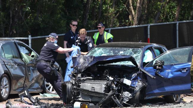 The scene of a fatal crash at North of Brisbane on Thursday, where a grandmother was alleged struck and killed by a teenager in a stolen car. Picture: NewsWire / Lachie Millard