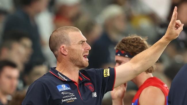 MELBOURNE, AUSTRALIA - MARCH 03: Demons coach, Simon Goodwin gestures during the AFL AAMI Community Series match between the Carlton Blues and the Melbourne Demons at Marvel Stadium on March 03, 2022 in Melbourne, Australia. (Photo by Robert Cianflone/Getty Images)