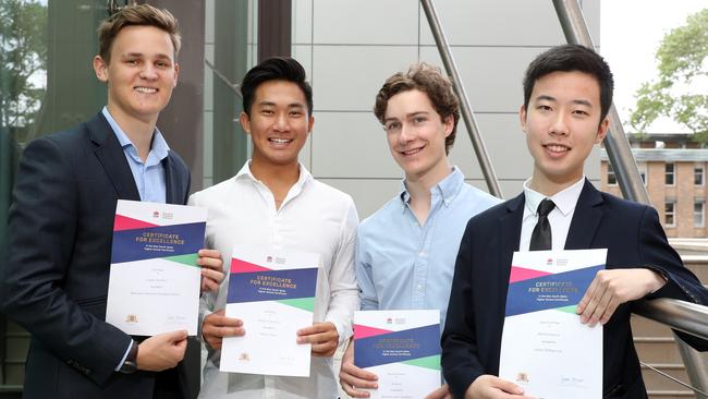 Knox Grammar School students Michael Glover who came first in Legal Studies, Hortin Zeng who came first in Modern History, William Studdert who came equal first in Drama and Jason Lin who came equal first in Mathematics. Picture: Jonathan Ng