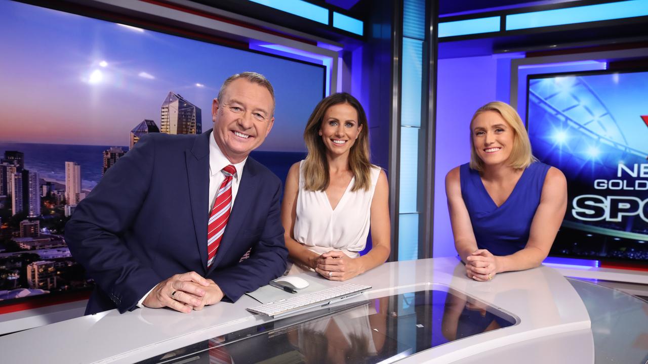 Gold Coast newsreaders Steve Titmus and Amanda Abate with Sally Pearson in the studio. Picture: Glenn Hampson