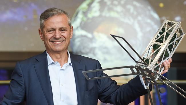 Professor Andy Koronios displays a low-orbit satellite. Picture: Catherine Leo