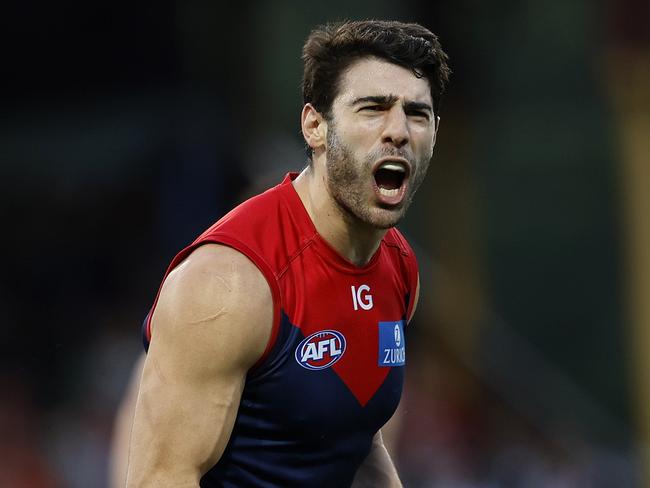 Melbourne's Christian Petracca celebrates a goal during the Round 24 AFL match between the Sydney Swans and Melbourne Demons at the SCG on August 27, 2023. Photo by Phil Hillyard(Image Supplied for Editorial Use only - **NO ON SALES** - Â©Phil Hillyard )