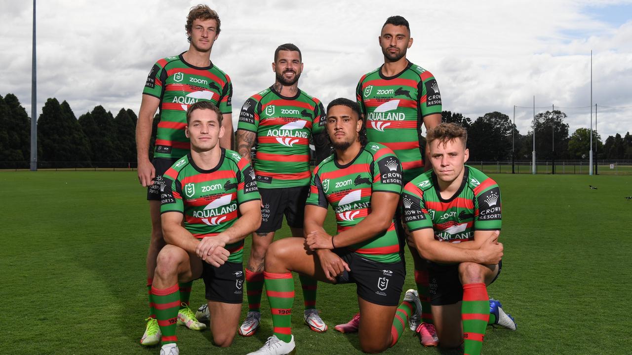 South Sydney juniors Alex Johnston, Adam Reynolds, Blake Taaffe, Cameron Murray, Keaon Koloamatangi and Campbell Graham. Picture: Sunny Brar