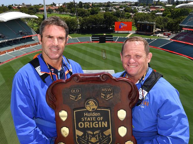 SOO 2020 Adelaide - NSW Blues coach Brad Fittler and Queensland Maroons coach Kevin Walters on the roof at Adelaide Oval  .Picture : NRL Photos/Gregg Porteous