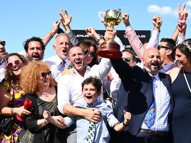 Brae Sokolski with fellow owner Ozzie Kheir says nobody every expected Verry Elleegant to scale such heights. Picture: Quinn Rooney/Getty Images