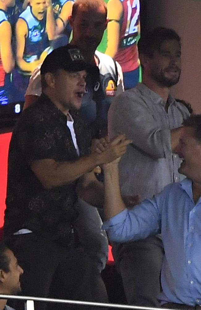 Matt Damon and Chris Hemsworth are seen during an AFL match between the Western Bulldogs and the Sydney Swans at Marvel Stadium in Melbourne in March 2019. Picture: AAP/Julian Smith