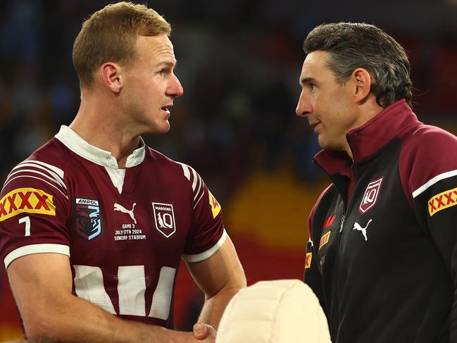 BRISBANE, AUSTRALIA - JULY 17:  QLD Maroons coach Billy Slater shakes hands with Daly Cherry-Evans of the Maroons after game three of the 2024 Men's State of Origin series between Queensland Maroons and New South Wales Blues at Suncorp Stadium on July 17, 2024 in Brisbane, Australia. (Photo by Chris Hyde/Getty Images)