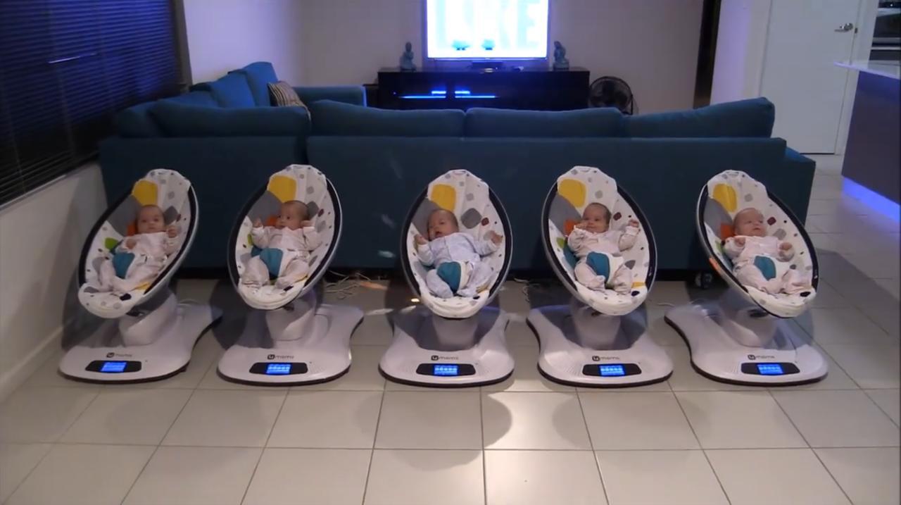 The adorable Tucci quintuplets rock out in their bouncers. 