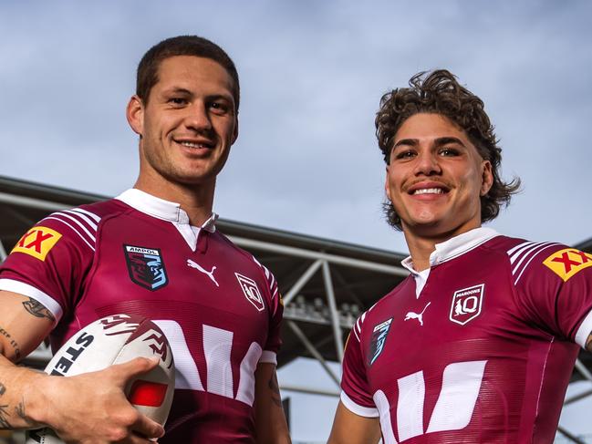 Queensland State of Origin players Kalyn Ponga and Reece Walsh at Suncorp Stadium ahead of the decider. Picture: Nigel Hallett