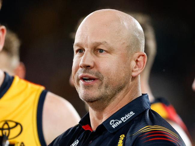 MELBOURNE, AUSTRALIA - APRIL 13: Matthew Nicks, Senior Coach of the Crows addresses his players during the 2024 AFL Round 05 match between the Carlton Blues and the Adelaide Crows at Marvel Stadium on April 13, 2024 in Melbourne, Australia. (Photo by Dylan Burns/AFL Photos via Getty Images)