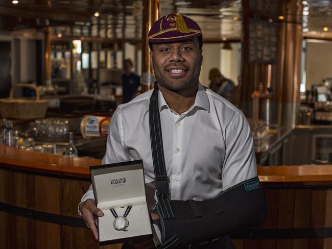 Samu Kerevi showing off his 2018 Pilecki Medal. Picture: Brendan Hertel, QRU