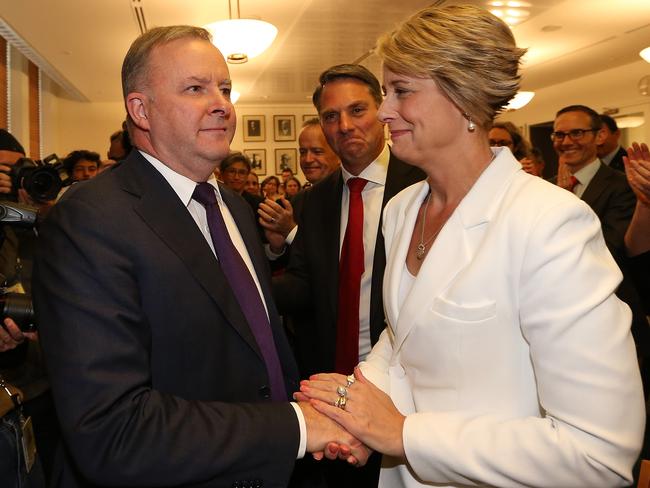 Opposition Leader Anthony Albanese and Labor's Deputy Leader in the Senate Kristina Keneally in the Labor caucus meeting at Parliament House House in Canberra. Picture Kym Smith