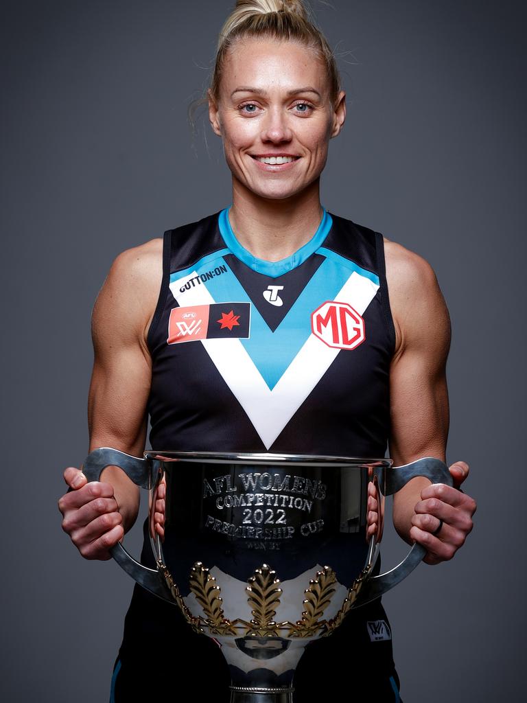 Phillips with the season seven AFLW premiership cup. Picture: Getty Images