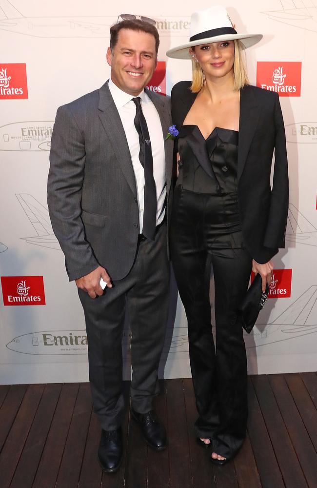 Karl Stefanovic and Jasmine Yarbrough at the Melbourne Cup where Woman’s Day reported she “displayed her baby bump.” Picture: Scott Barbour/Getty Images