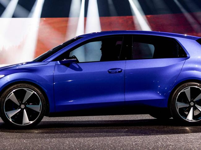 Volkswagen's new ID 2 electric car model is presented at the Congress Center in Hamburg on March 15, 2023. (Photo by Axel Heimken / AFP)