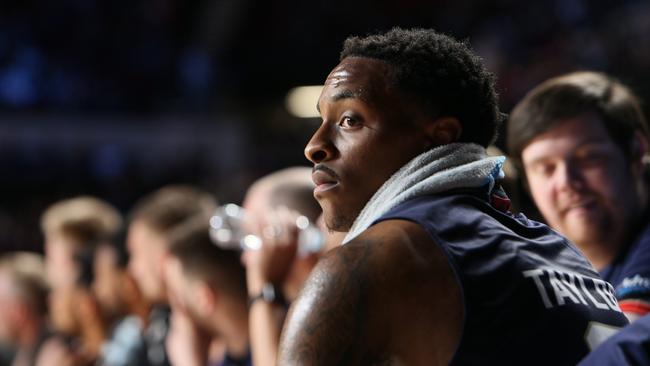 Deshon Taylor sits on the bench during Adelaide’s 100-91 loss to Melbourne United on Friday. Picture: Emma Brasier (AAP).