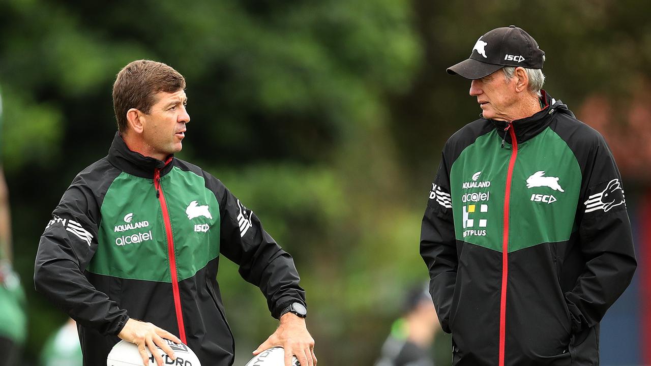 Assistant coach Jason Demetriou with Wayne Bennett during South Sydney Rabbitohs training ahead of their first game of the season against the Sharks. Picture. Phil Hillyard