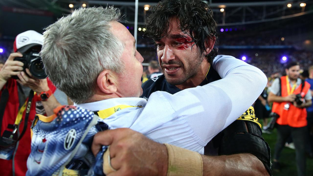 Paul Green and Johnathan Thurston celebrate grand final victory in 2015. Picture: Brett Costello