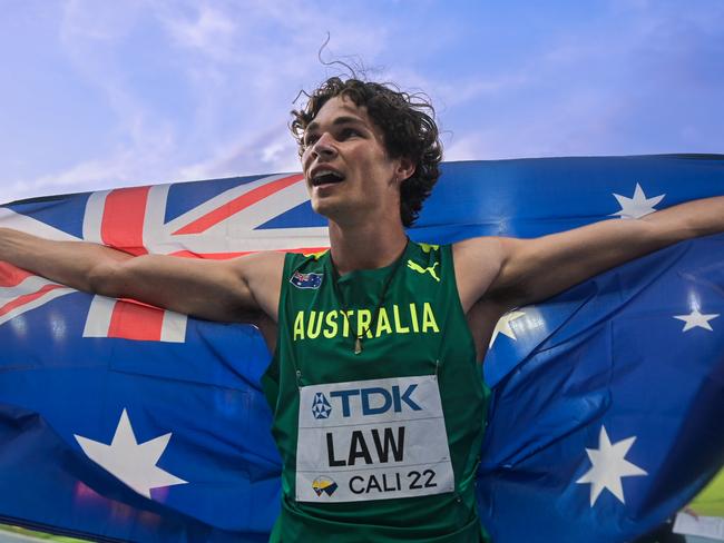 CALI, COLOMBIA - AUGUST 04: Calab Law of Team Australia celebrates finishing 3rd in the men's 200m final on day four of the Cali 2022 U20 World Athletics World Championships at Pascual Guerrero Stadium on August 4 2022 in Cali, Colombia. (Photo by Pedro Vilela/Getty Images)