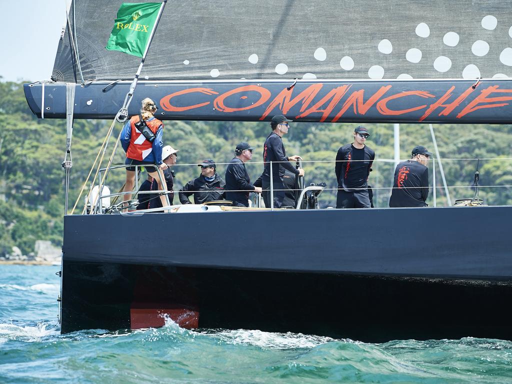 The crew of Comanche is pictured in the Sydney Harbour during the 2019 Sydney to Hobart on December 26, 2019 in Sydney, Australia. (Photo by Brett Hemmings/Getty Images)