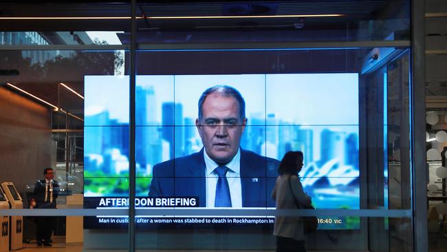 Managing Director of the ABC David Anderson on a TV screen at the Ultimo headquarters. Picture: John Feder