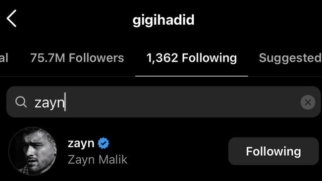 At the moment, Hadid still follows Malik. Picture: Instagram