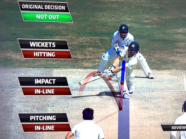 Travis Head was lucky to survive this LBW appeal, which wasn’t reviewed by Pakistan. Photo: Fox Cricket