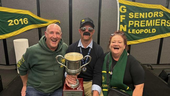 Garry Hocking as 'Ted Lasso' with Leopold number one ticket holders Ferg and Milly. Picture: Supplied