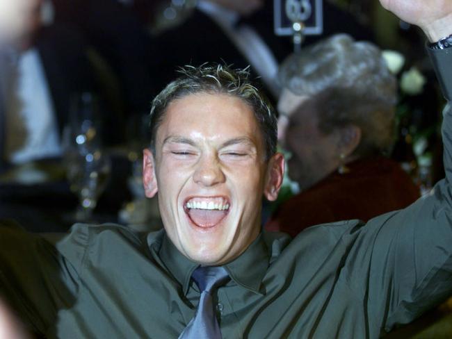 Shane Woewodin celebrates after being named winner of 2000 Brownlow Medal.