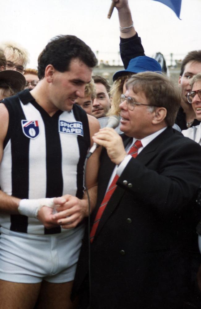 Scot Palmer interviews Collingwood legend Darren Millane in 1990. Picture: Supplied/Trevor Symmons