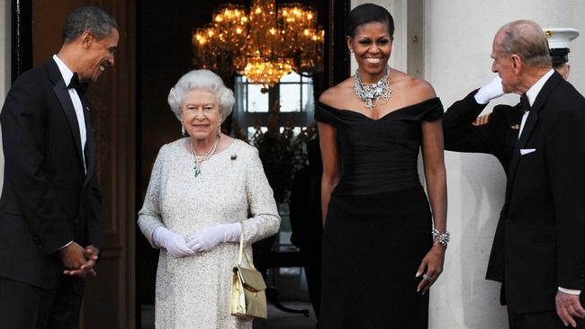 The Obamas pictured with the Queen and Prince Philip in 2011. It is said Barack didn’t invite the Sussexes to appear ‘neutral’ amid their royal feud. Picture: AFP