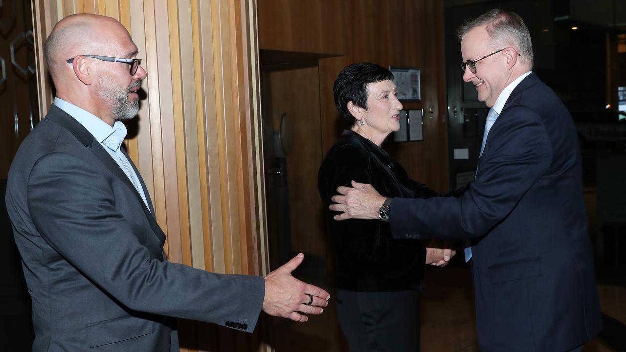 BCA President Tim Reed and outgoing CEO Jennifer Westacott greet Anthony Albanese at the Business Council of Australia annual dinner. Picture: John Feder