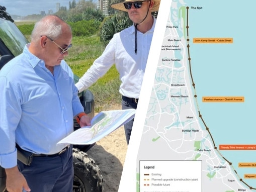 Gold Coast Mayor Tom Tate inspecting sections of beach where the Oceanway will be built. A map shows the missing sections.