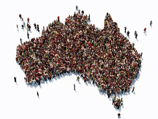 Human crowd forming a big Australian map on white background. Horizontal composition with copy space. Clipping path is included. Population and Social Media concept.